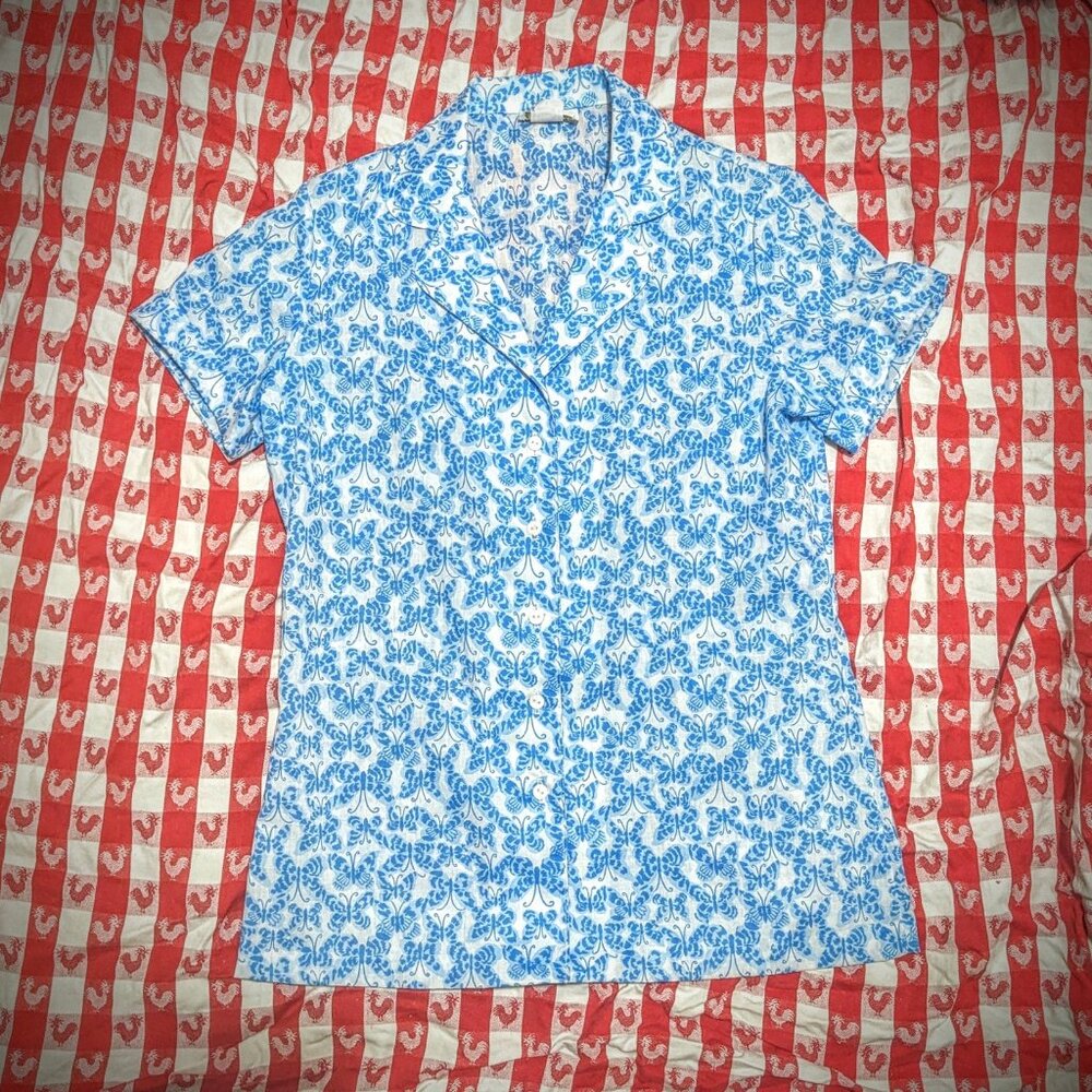 Vintage 1970s Blue Butterfly Short Sleeve Button Down Blouse